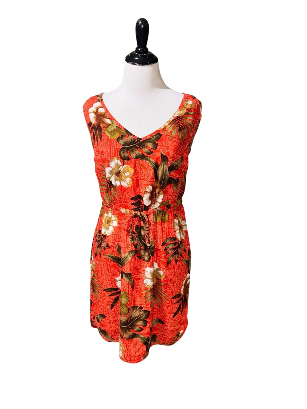 Palmwave Hawaii Women's L Large Summer Dress Tropical Print Cinched Waist Rayon